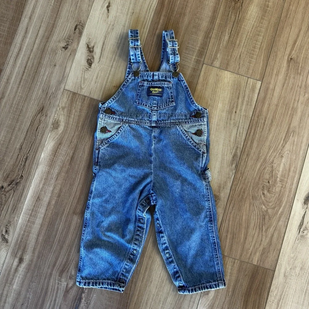 Vtg OSHKOSH 24 Month Toddler Railroad Stripe Pocket Vestbak Overalls Snaps Y2K